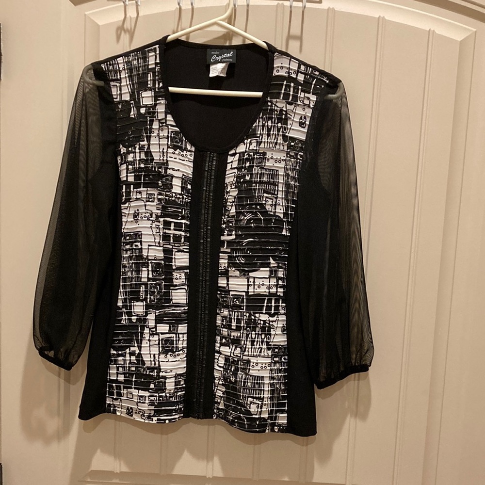Modes Crystal Fashions Black and White Blouse with Sheer 3/4 Sleeves Size S
